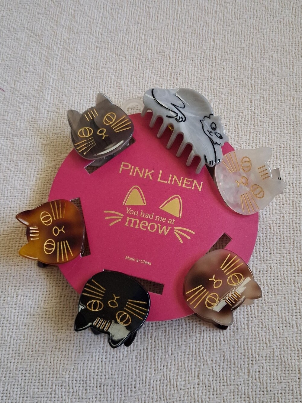pink linen cat claw clips set y2k coquette kitty aesthetic hair accessories 6pc